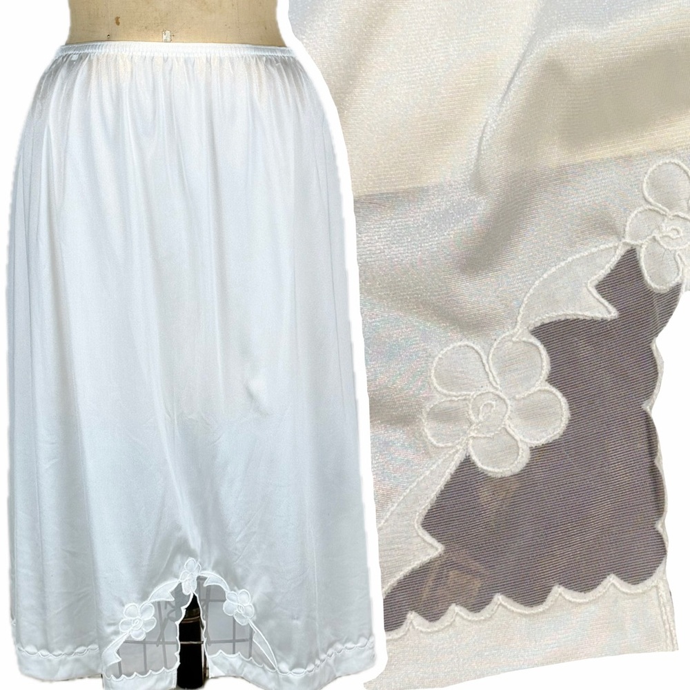 VINTAGE 80s embroidered lace dress skirt slip layer lingerie silky nylon white - Picture 1 of 9
